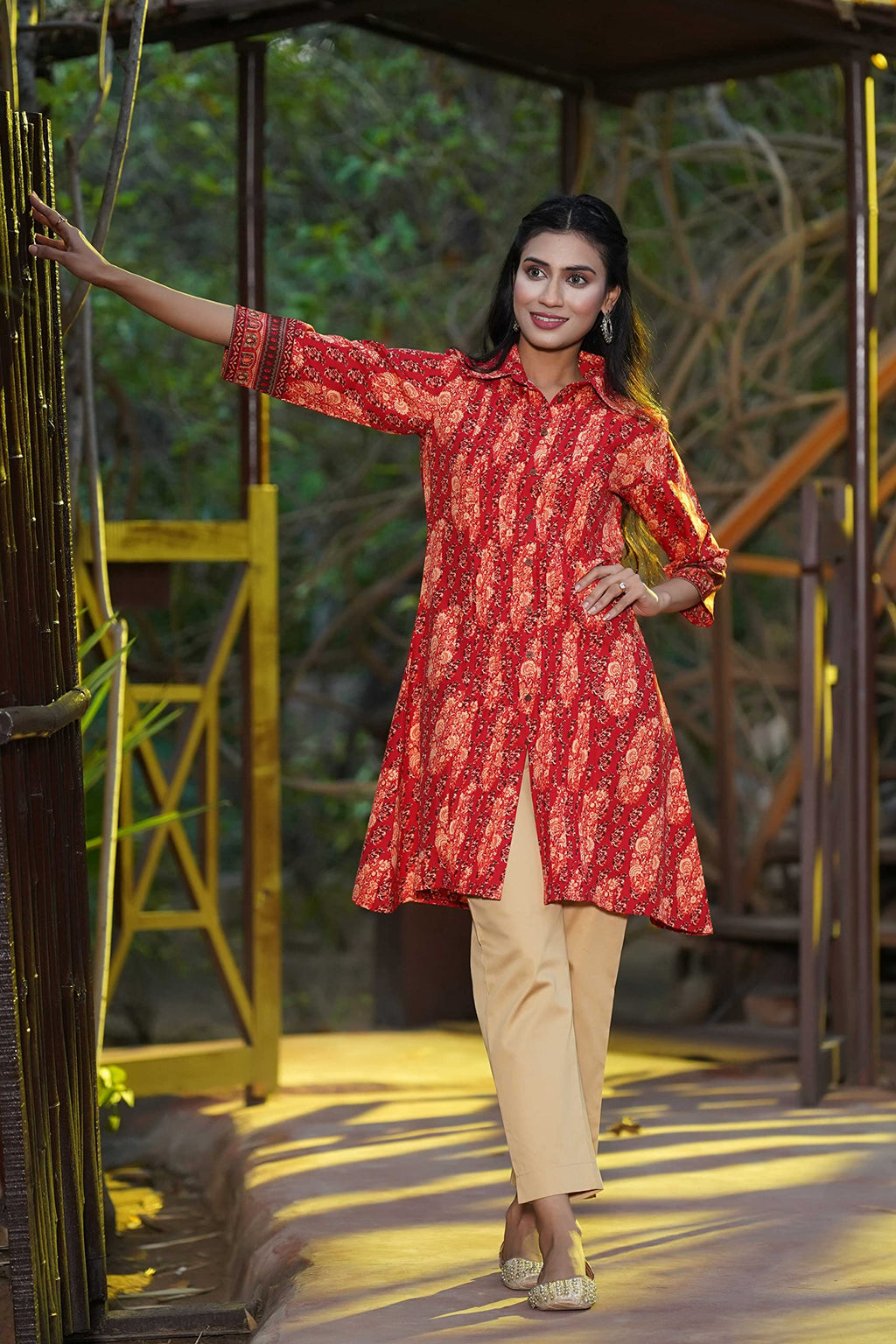 Juniper Women's Red Ethnic Motif Printed Rayon A-Line Kurta with Buttons
