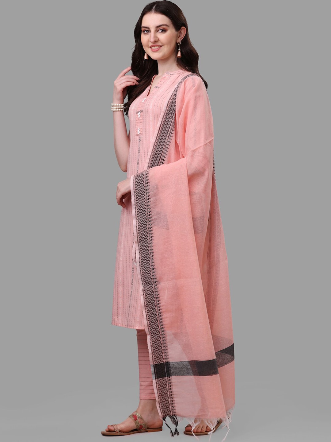 HERE&NOW Women Peach Striped Pure Cotton Kurta with Trousers & With Dupatta