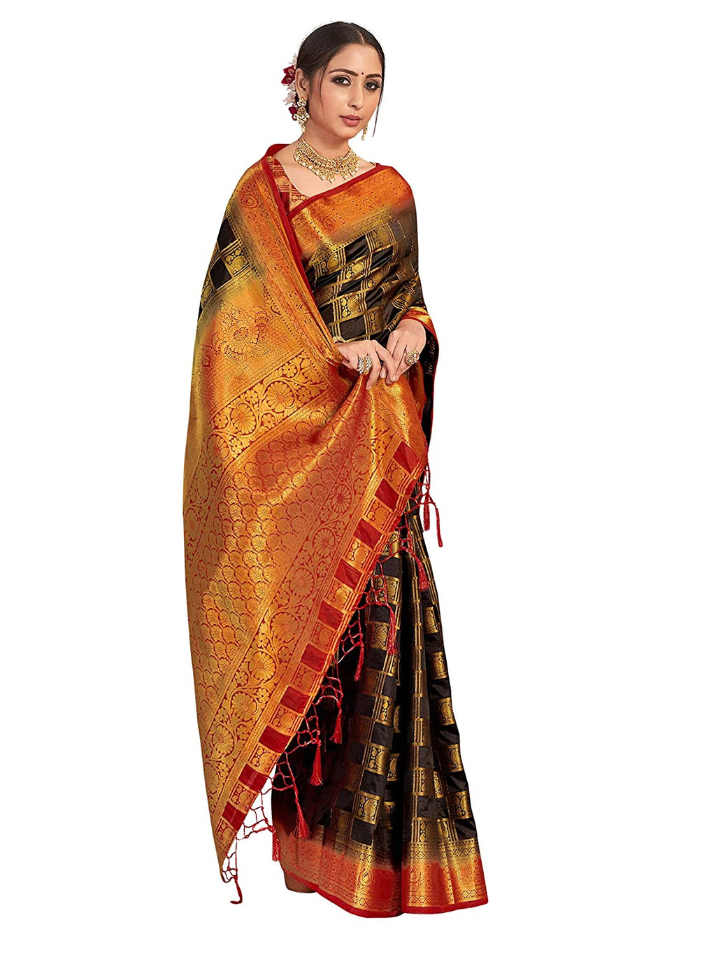 Vardha Women's Black Woven Art Silk Saree With Blouse Piece