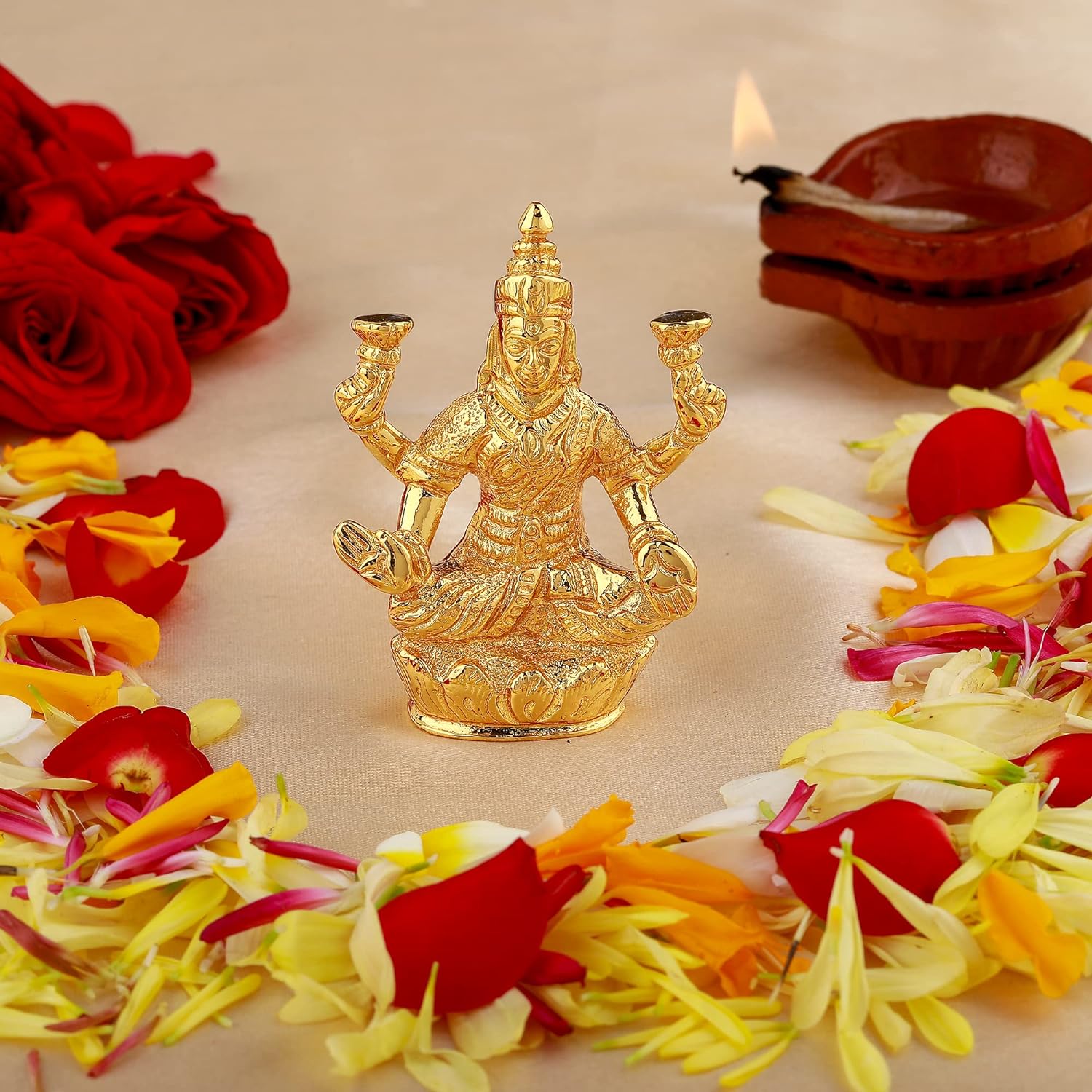Estele Gold-Polished goddess of wealth Laxmi Devi on lotus Idol for Home/Car decor