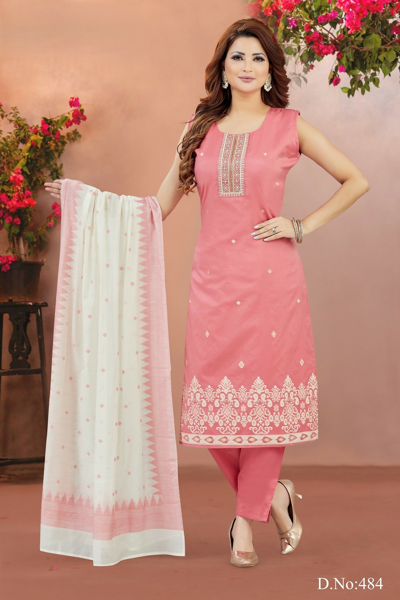 Joban Fashion Women Chanderi Silk Pink Round Neck Emroidery Kurta Set