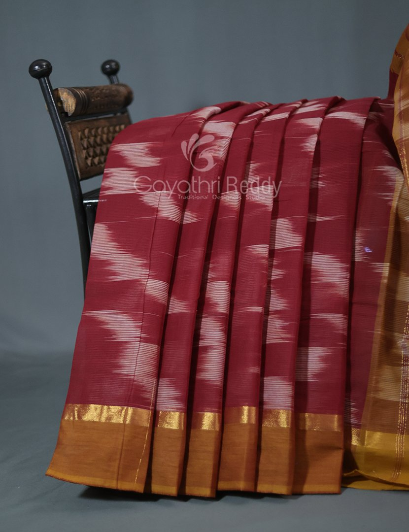 Dual Shades of Maroon And Chikoo Mangalagiri Ikkat Cotton Saree By Gayathri Reddy Designer Studio