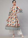 Aks Floral Printed Bell Sleeves Pleated Cotton A-Line Kurta