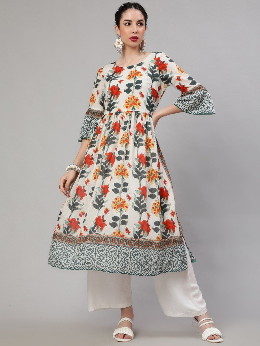 Aks Floral Printed Bell Sleeves Pleated Cotton A-Line Kurta