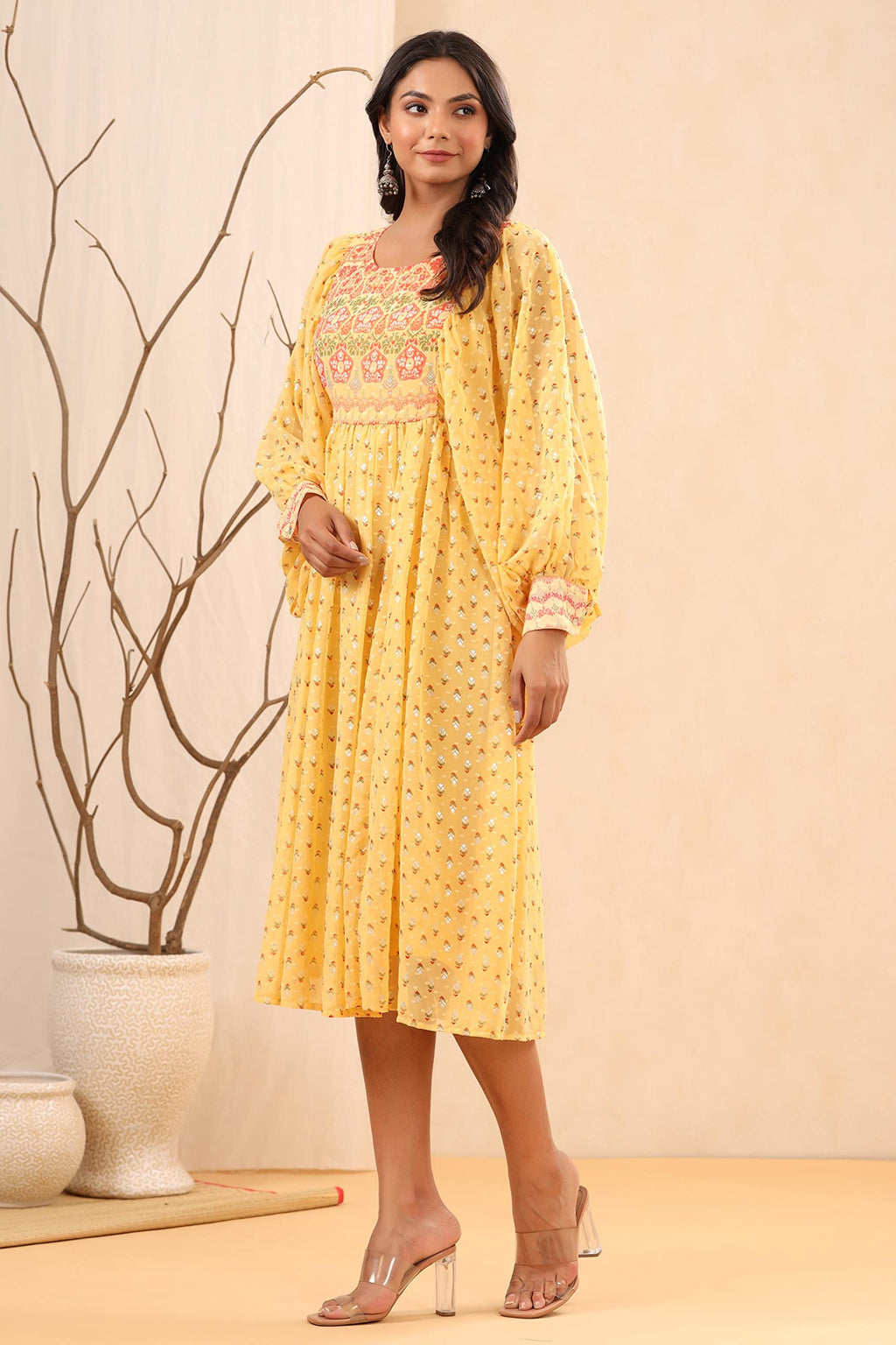 Juniper Women's Yellow Ethnic Motif Printed Georgette Midi Dress With Sequins Work