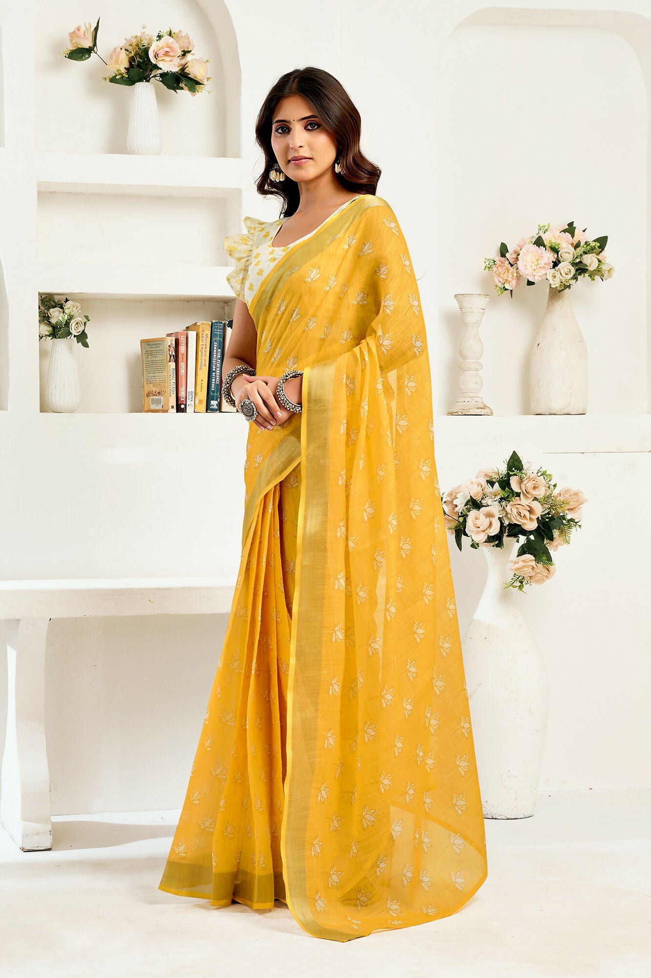 Vastranavya Yellow Digital Printed Linen Ready To Wear Designer Saree with Unstitched Blouse