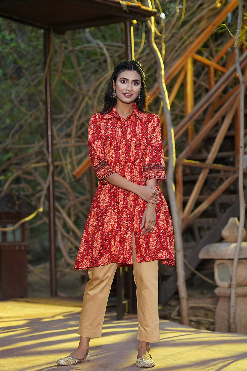 Juniper Women's Red Ethnic Motif Printed Rayon A-Line Kurta with Buttons