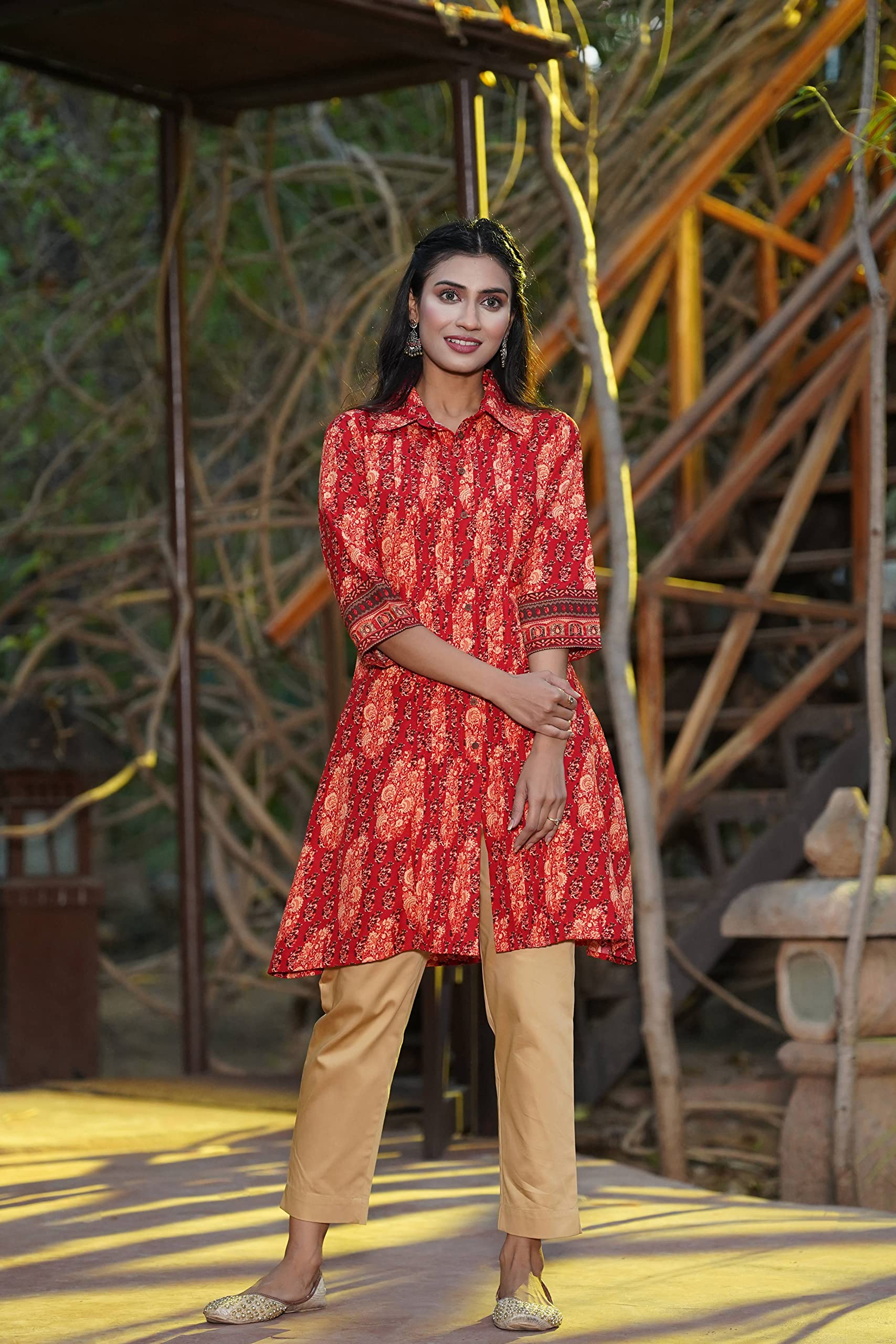 Juniper Women's Red Ethnic Motif Printed Rayon A-Line Kurta with Buttons