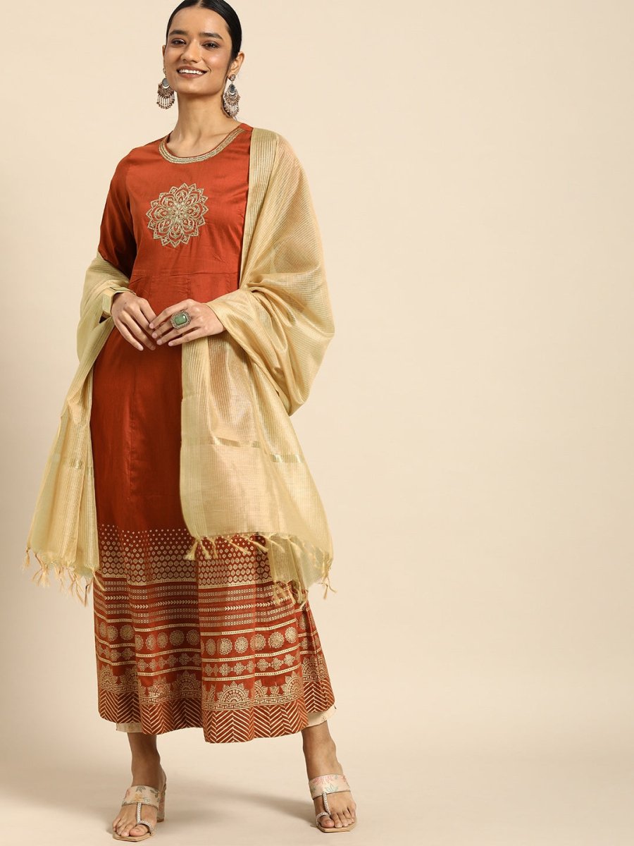 All About You Women Orange& Cream Embroidered Kurta with Dupatta