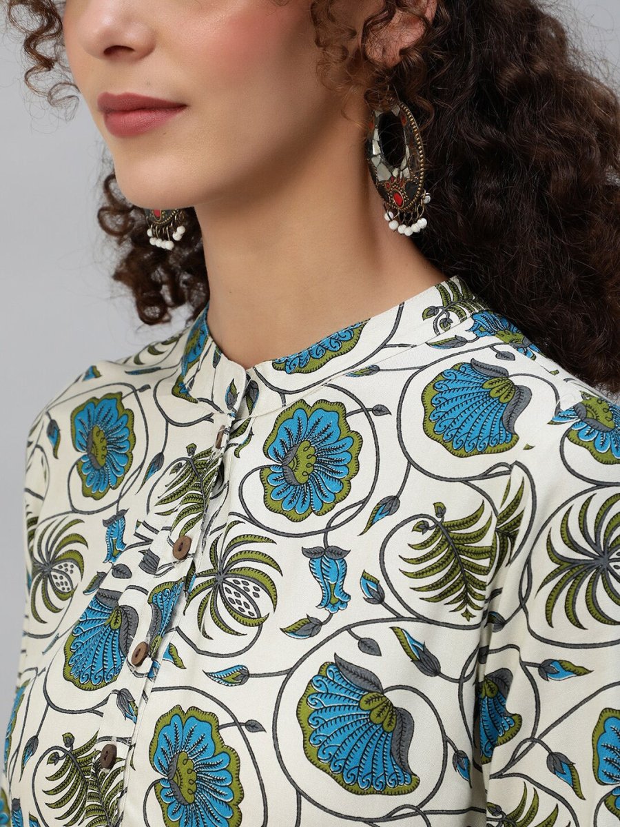 Aks Floral Printed Band Collar Regular Kurta with Trousers
