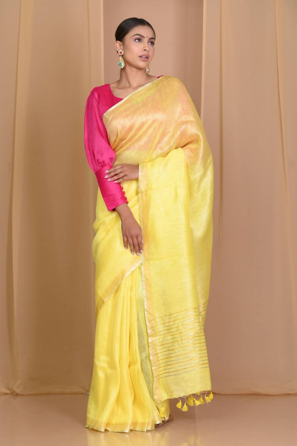 Very Much Indian Pure Linen Silk Saree With Sleek Border - Yellow