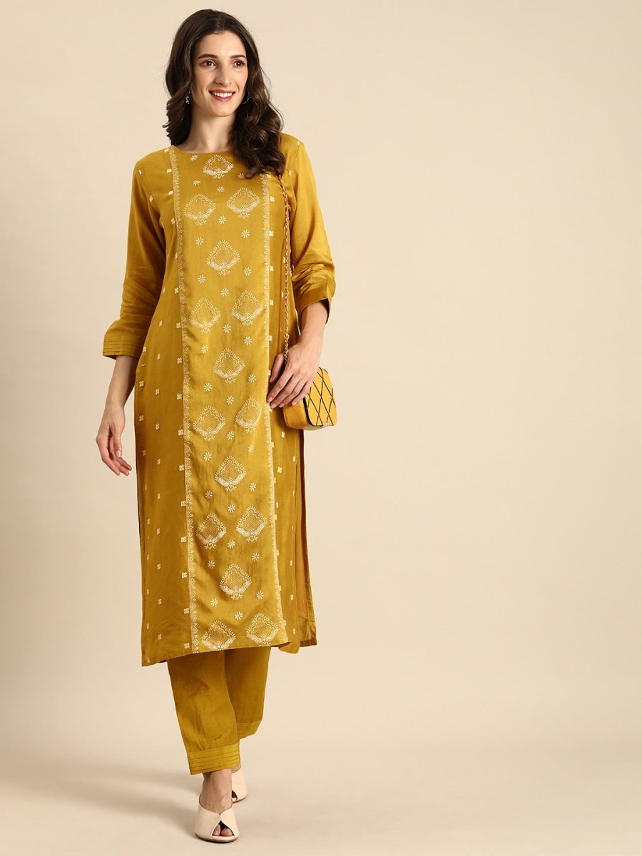 All About You Women Mustard Yellow & Off-White Ethnic Motifs Embroidered Kurta Set