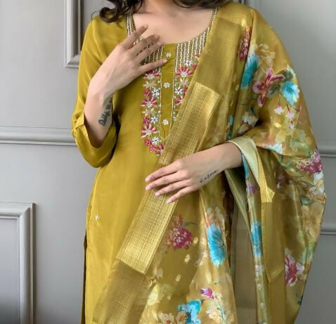 The52 Mustard Gorgeous Embroidered Viscose Chanderi Fabric Straight Kurta Pant with Dupatta Set