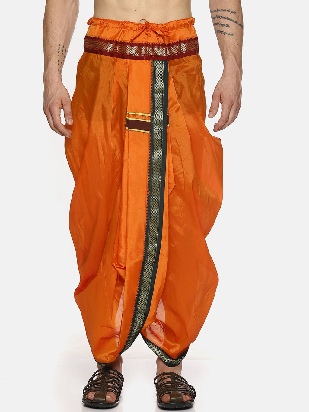 Sethukrishna Men Orange Solid Readymade Dhoti Pants With Angavastram