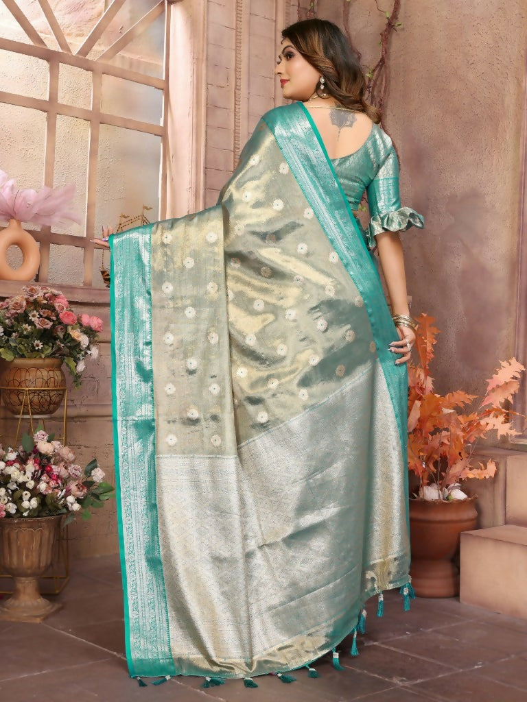 Anaita Light Blue Tissue Silk With Zari Weaving Saree With Blouse