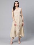 Ahalyaa Women Beige Pure Cotton Printed Floral Kurta With Trousers
