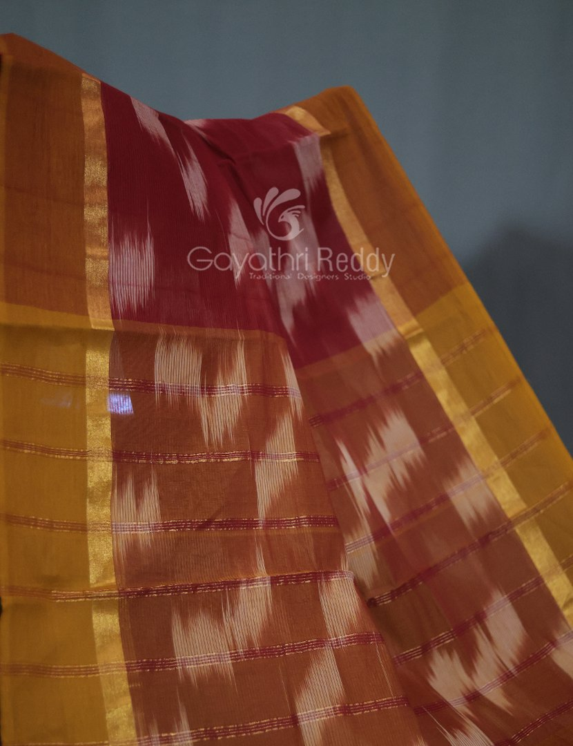 Dual Shades of Maroon And Chikoo Mangalagiri Ikkat Cotton Saree By Gayathri Reddy Designer Studio