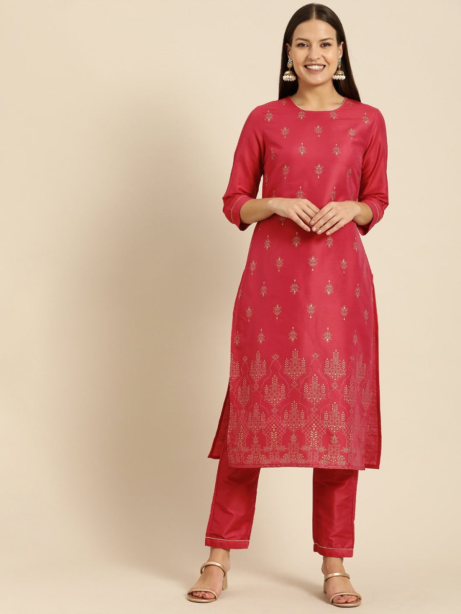 All About You Women Red Ethnic Motifs Kurta with Trousers