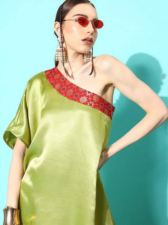 InWeave Women's Olive Red Brocade Satin Oneshoulder Kurta Set