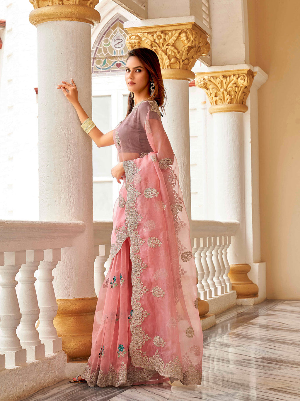 Tikhi Imli Floral Beads and Stones Organza Heavy Work Saree