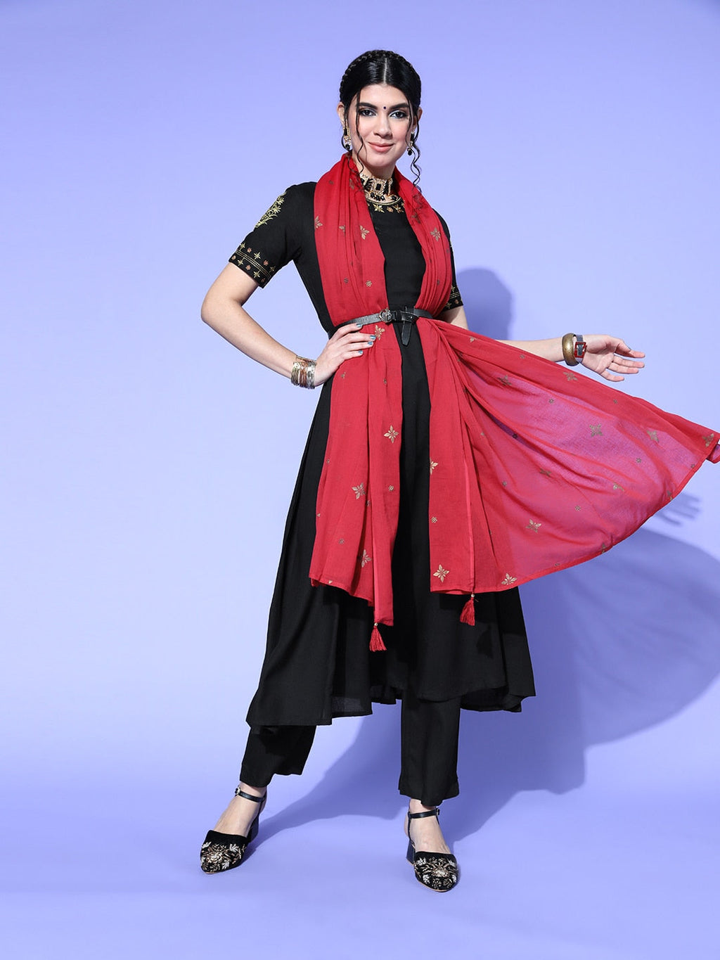 HERE&NOW Women Black & Red Embroidered Kurta Set