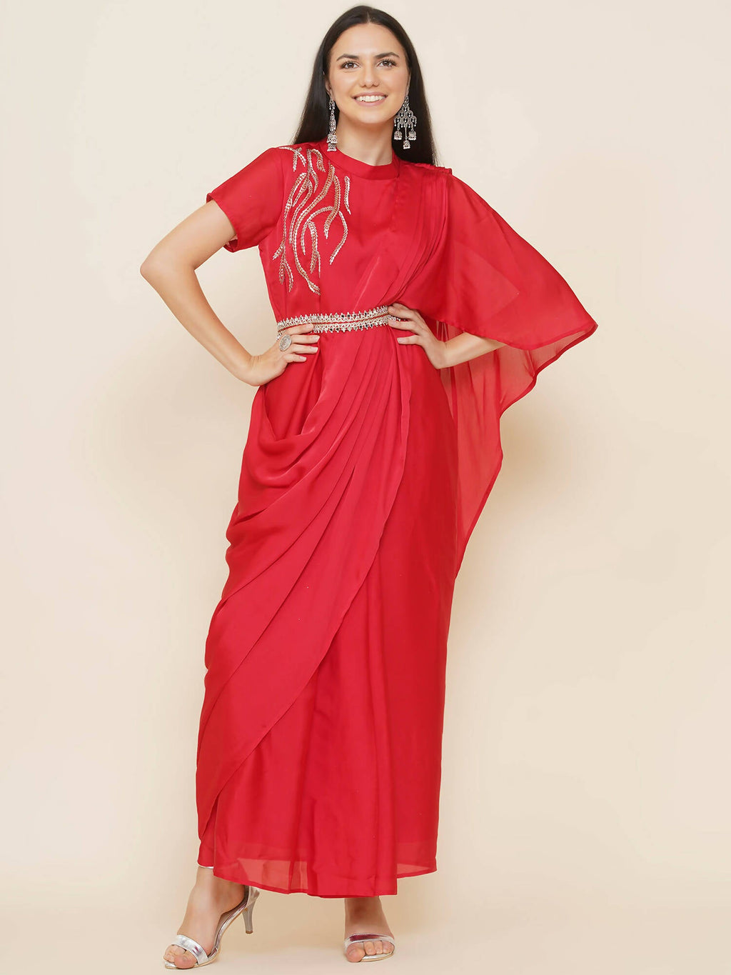 Women Republic Red Hand Embelleshed Gown With Drape