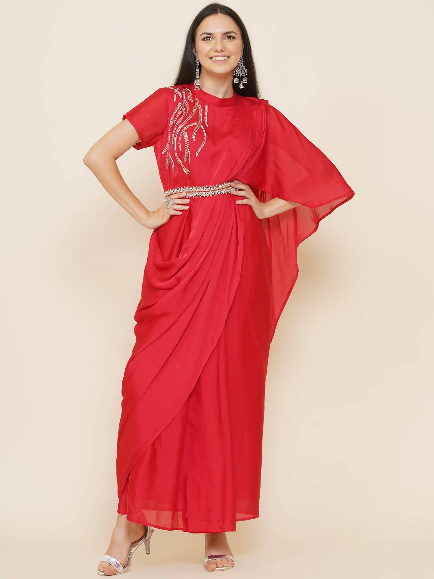 Women Republic Red Hand Embelleshed Gown With Drape