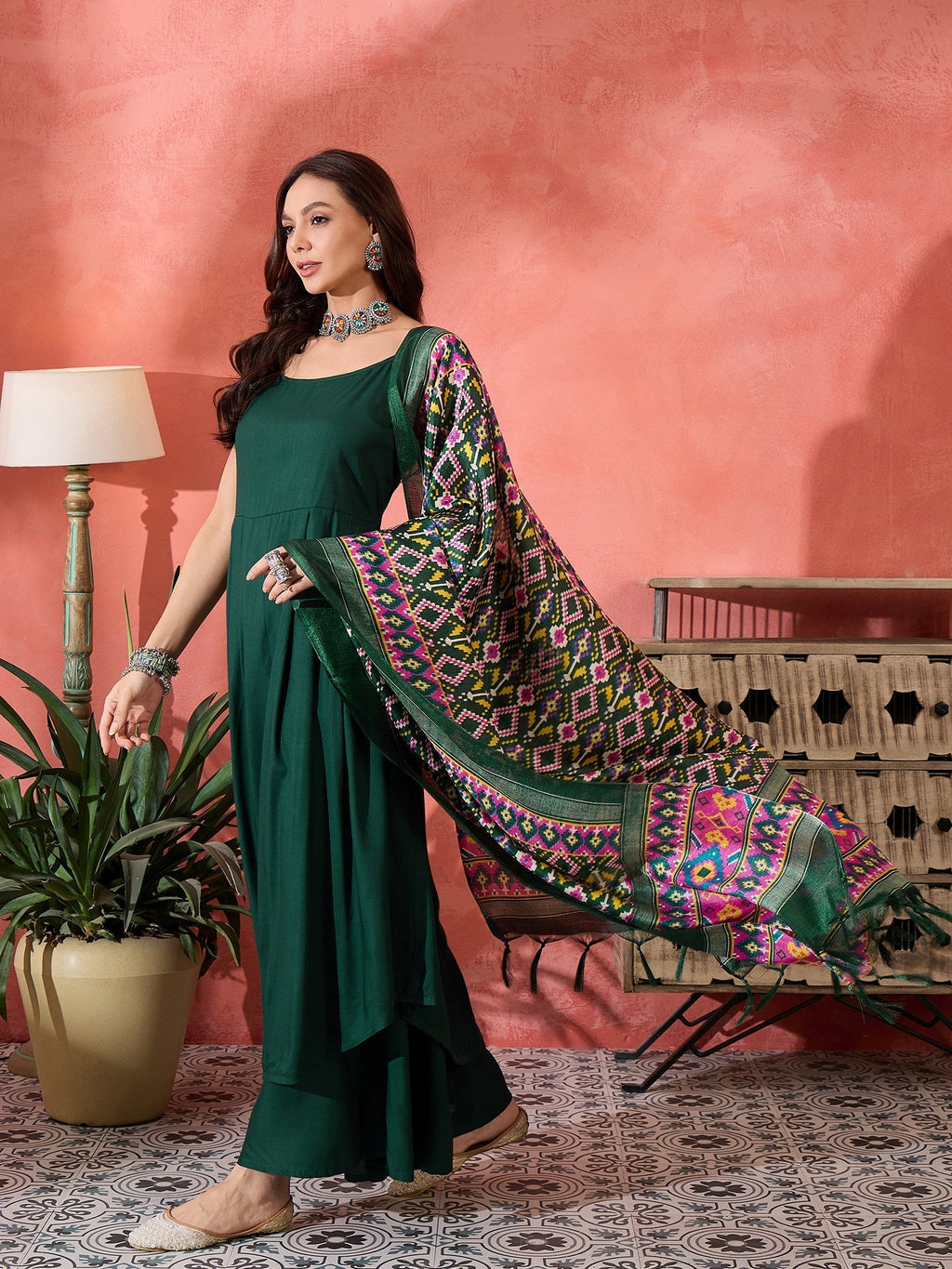 InWeave Green Strappy Kurta Set Green Patola Dupatta