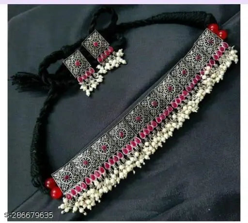 Tehzeeb Creations Women Silver Plated Necklace With Beads And Pearl