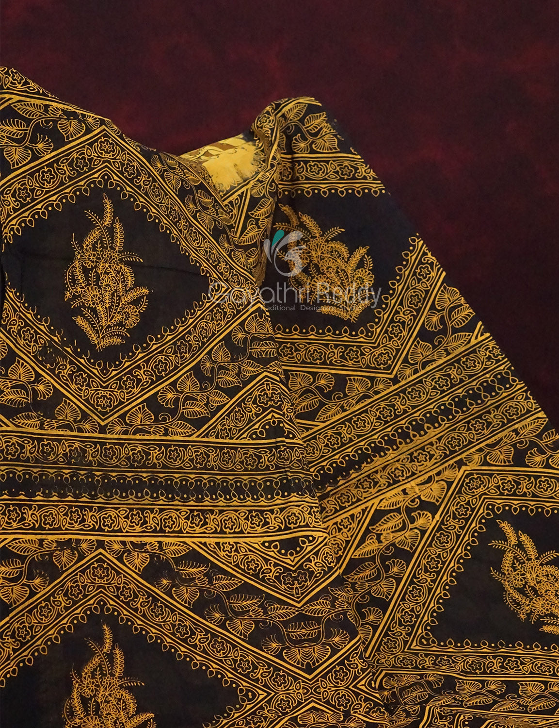 Mustard Yellow And Chikoo Coloured Block Print Handloom Mulmul Cotton Saree By Gayathri Reddy Designer Studio