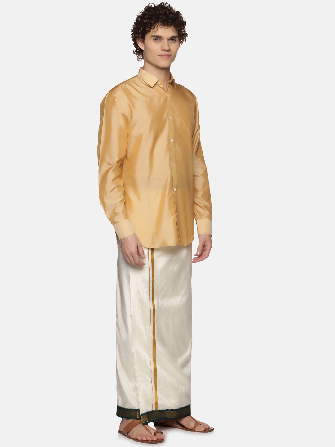 Sethukrishna Men Cream Solid Double Layer Readymade Veshti With Pocket
