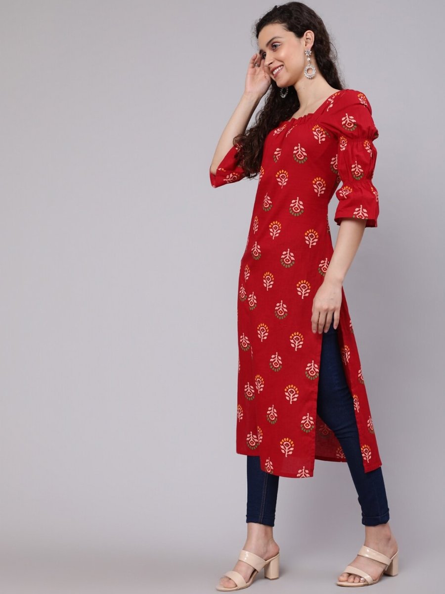 Aks Ethnic Motifs Printed Square Neck Puff Sleeves Cotton Kurta