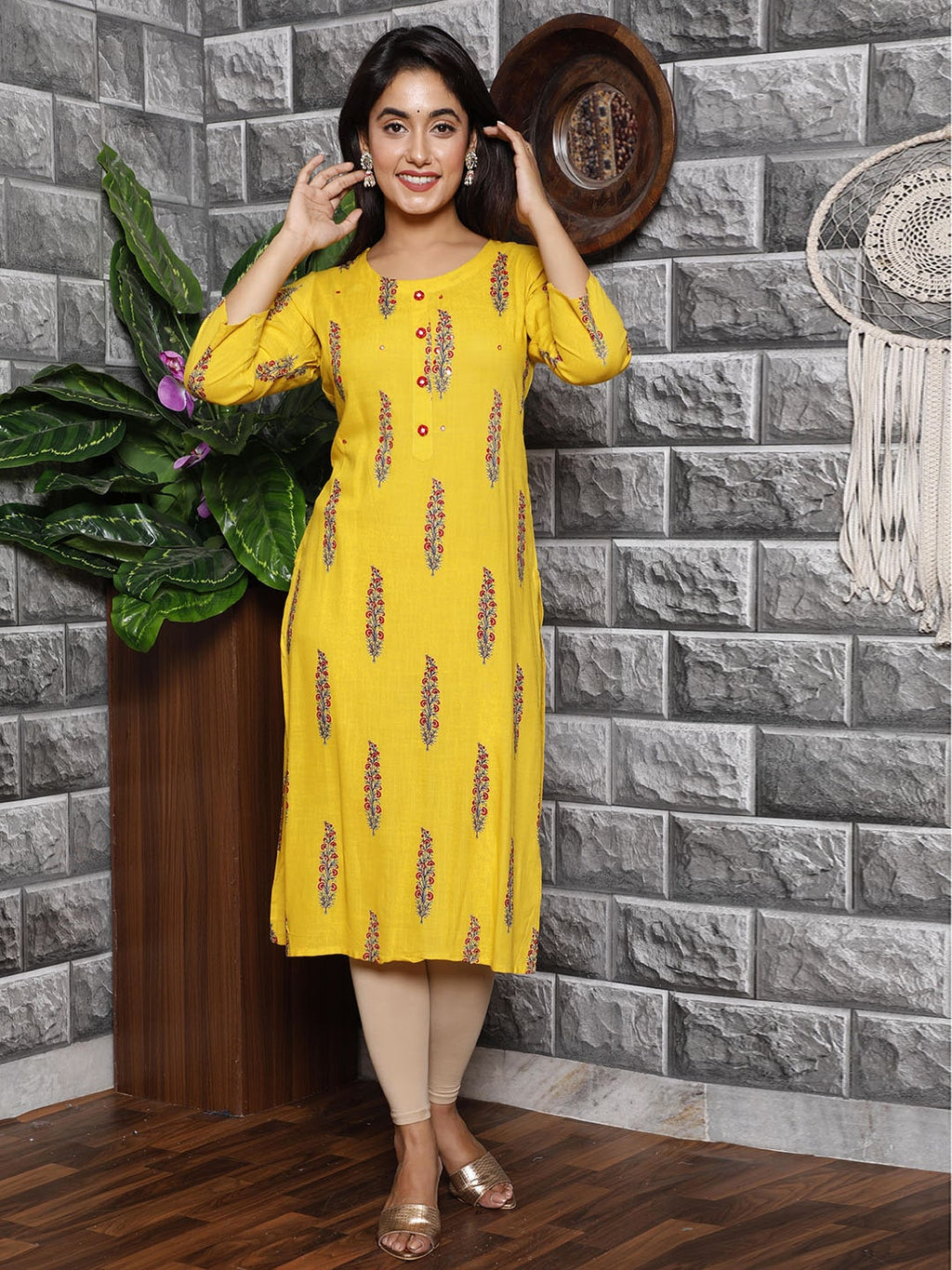 HERE&NOW Women Mustard Yellow Floral Mirror Work Floral Kurta