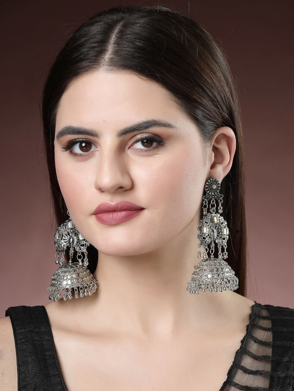 NVR Women's Silver Plated Mirror Work Oxidised Contemporary Jhumka Earrings