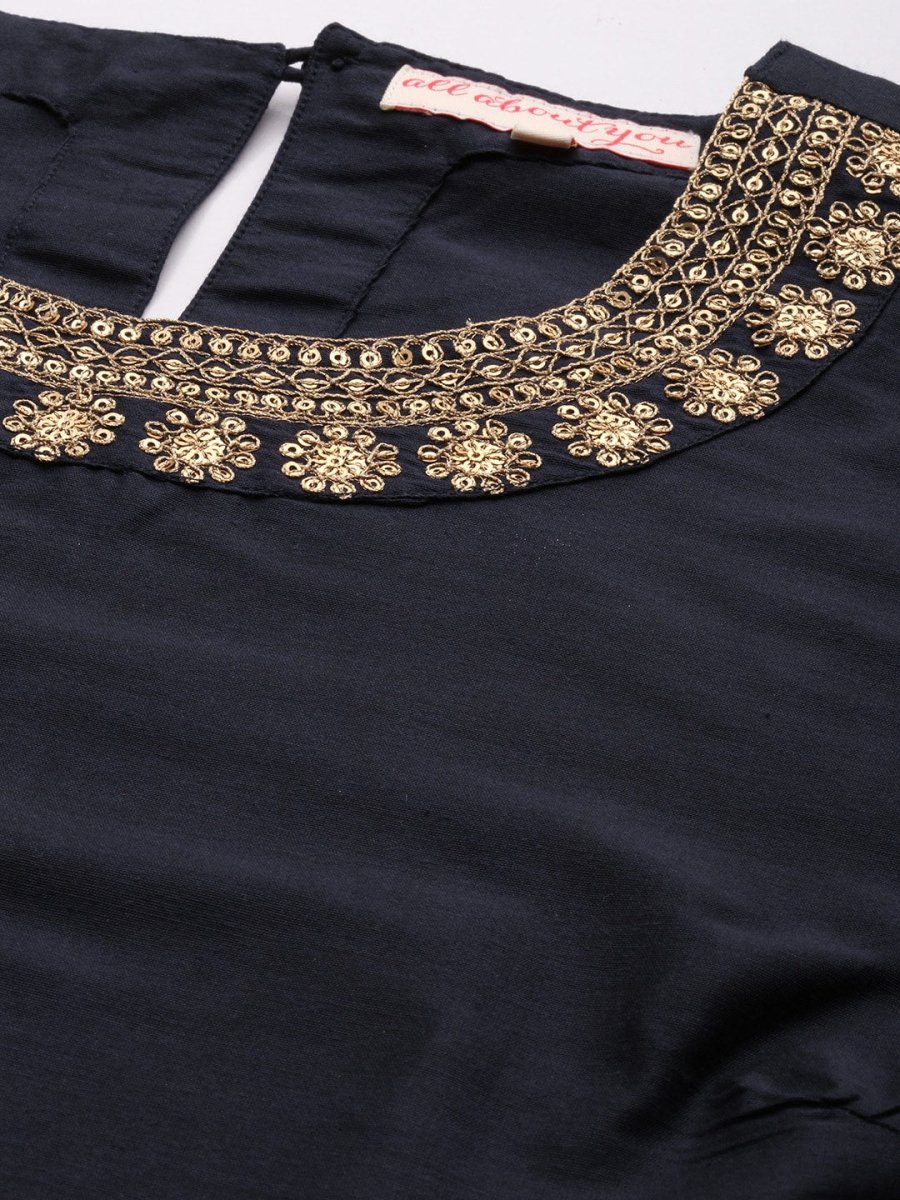 All About You Women Navy Blue & Golden Satin Finish Kurta with Trousers & With Dupatta