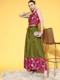 InWeave Women's Pink Brocade Strappy Top W Olive Pink Brocade Palazzo Set