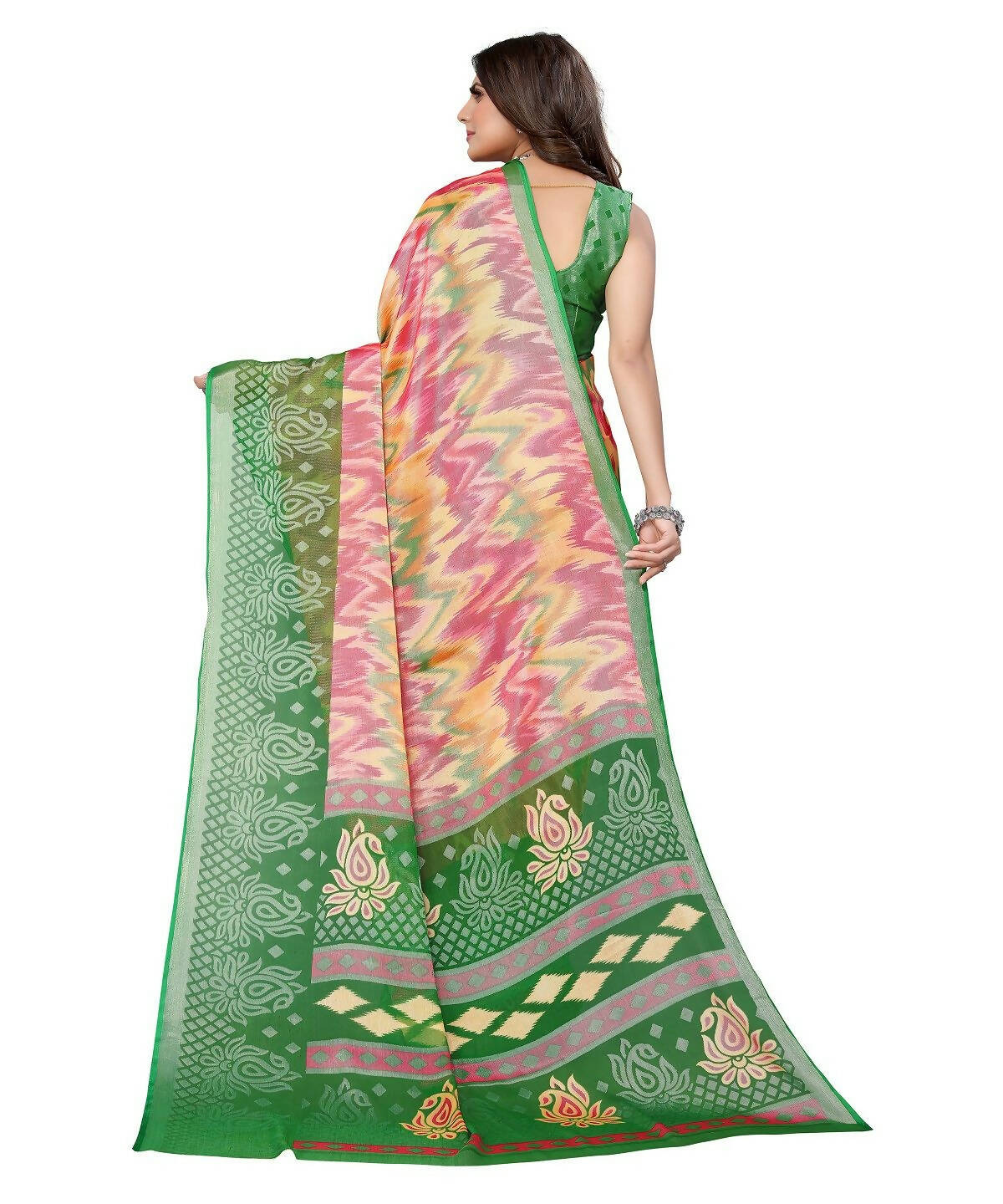 Vamika Pink Chiffon Brasso Bollywood Style Woven Saree (KARUNA GREEN)