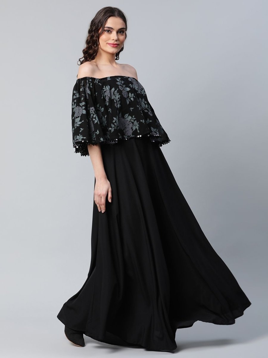 Ahalyaa Women Crepe Printed Black Dress