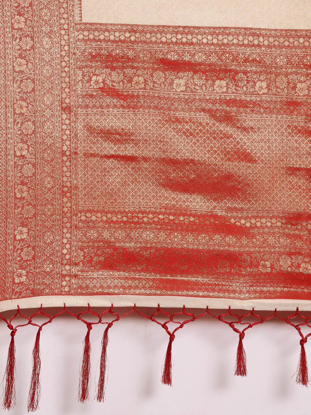 Saree Mall Off White & Red Woven Design Zari Silk Blend Banarasi Saree