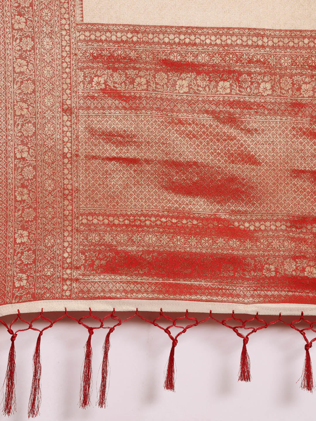 Saree Mall Off White & Red Woven Design Zari Silk Blend Banarasi Saree