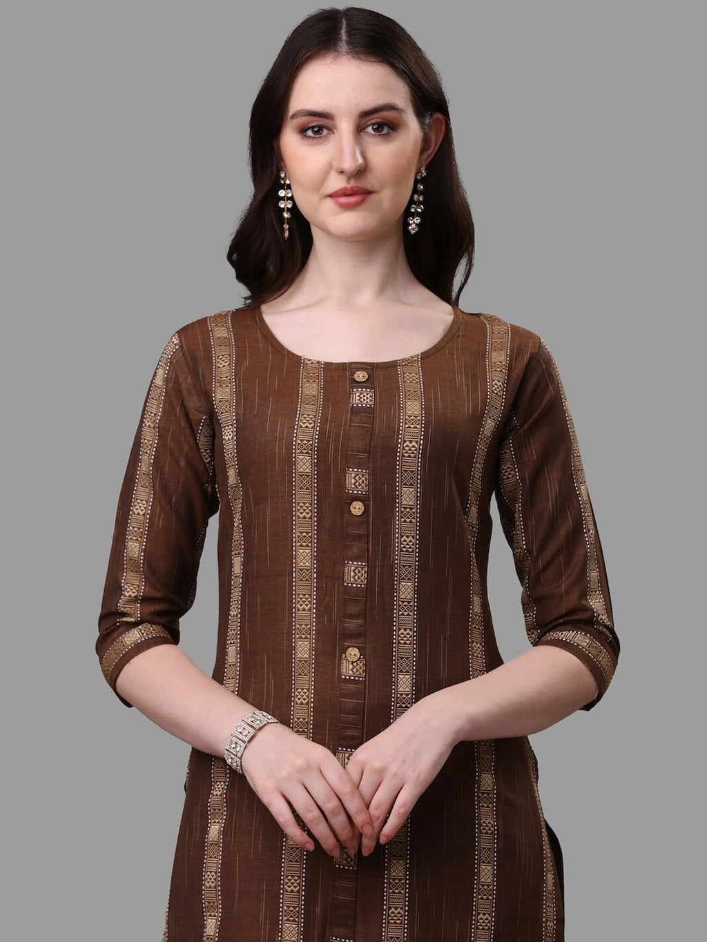 HERE&NOW Brown Striped Regular Pure Cotton Kurta With Trousers & Dupatta