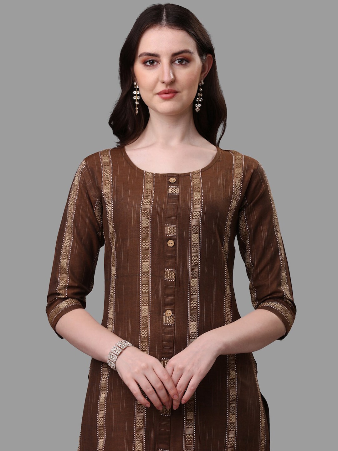 HERE&NOW Brown Striped Regular Pure Cotton Kurta With Trousers & Dupatta