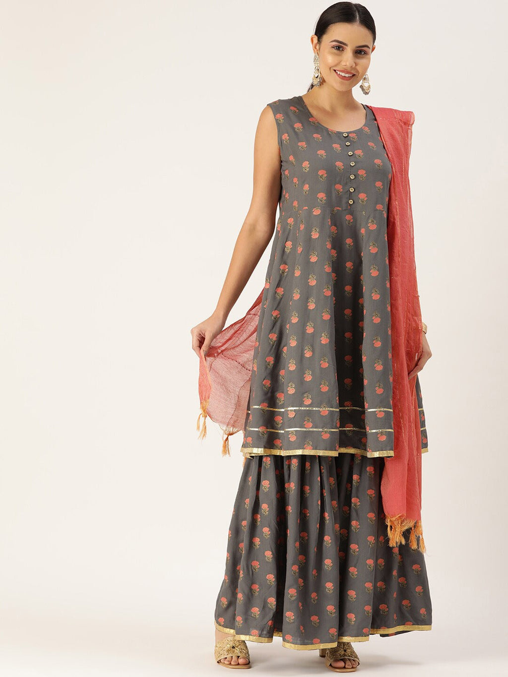 HERE&NOW Women Grey & Peach-Colored Floral Printed Kurta With Sharara With Dupatta