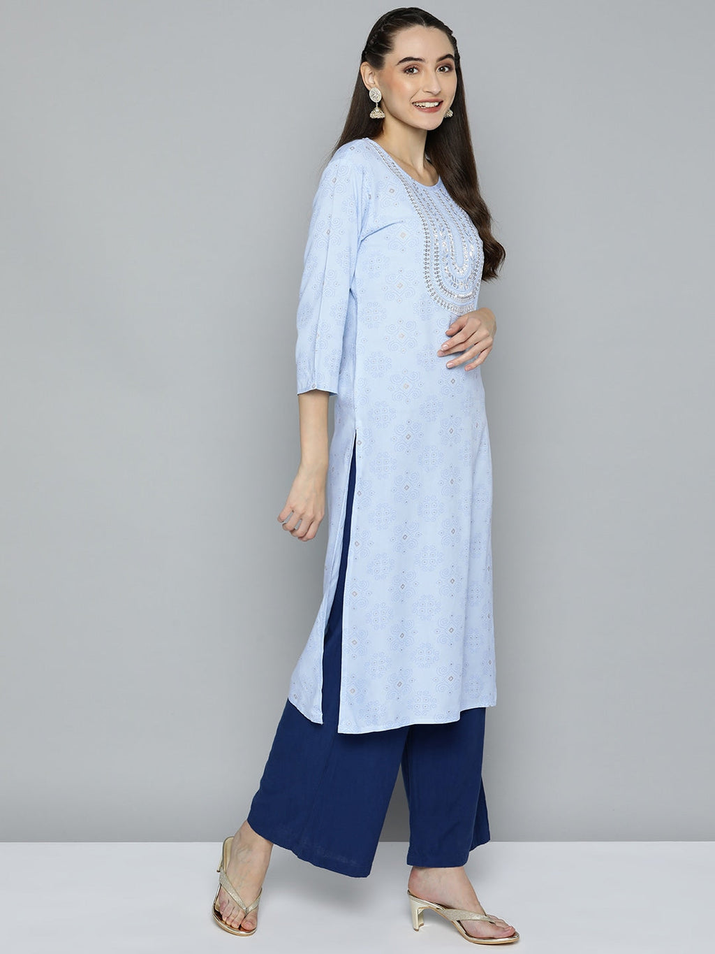 HERE&NOW Women Blue Ethnic Motifs Printed Embroidered Sequin Detail Kurta