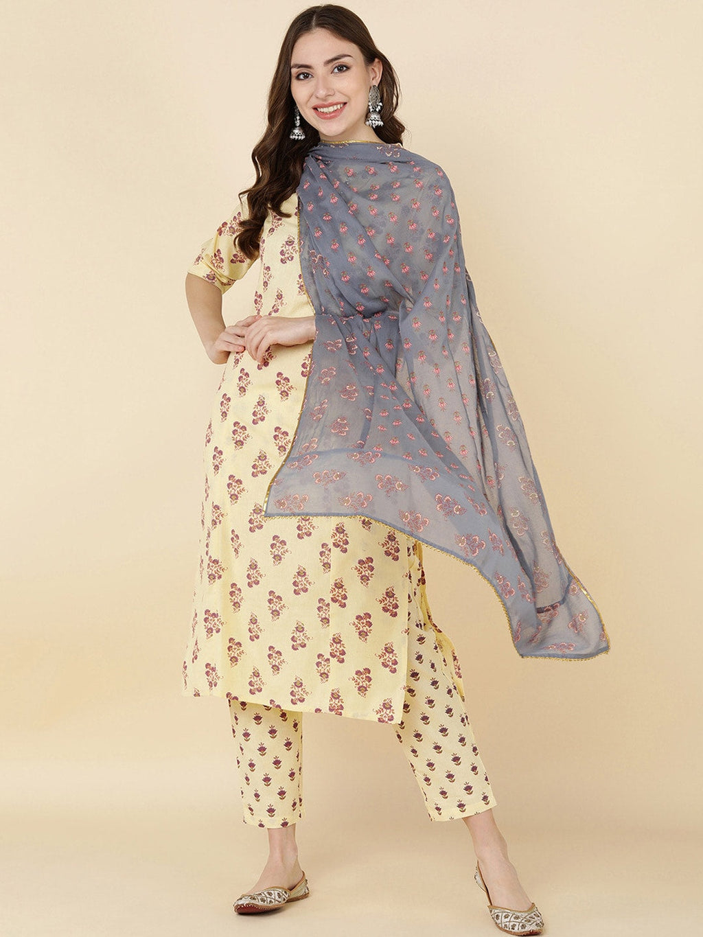 HERE&NOW Women Mustard Yellow Ethnic Motifs Printed Kurta with Trousers & With Dupatta