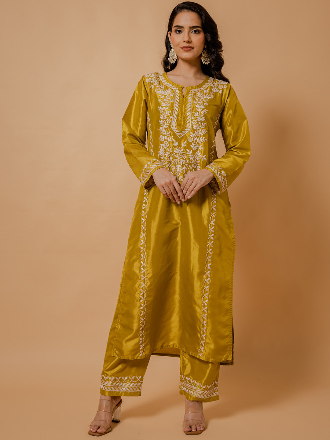 HOUSE OF KARI Floral Embroidered Silk Chikankari Kurta