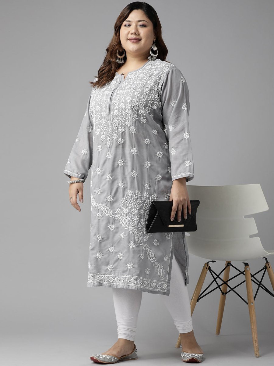 ADA Women Plus Size Grey Floral Embroidered Chikankari Kurta