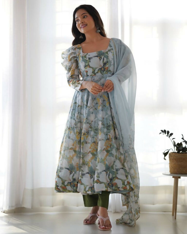Teeya Creation Multi Color Pure Soft Organza Silk Digital print Party Wear Gown