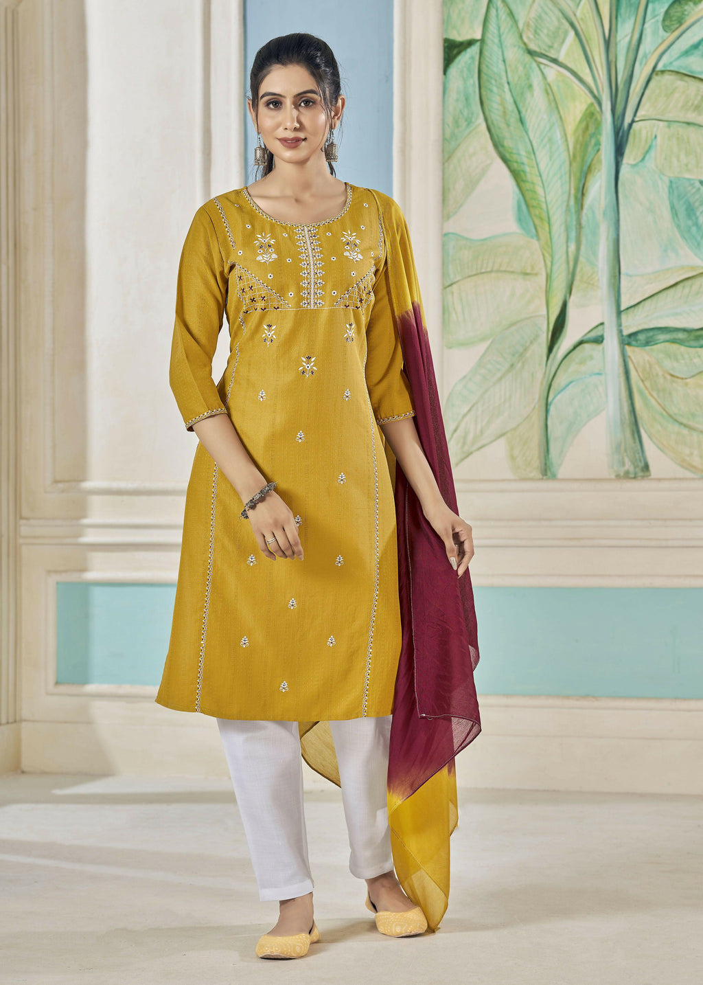 Jyoti Fashion Women's Mustard Pure Viscose Weaving Stripe with Embroidery Kurta Set
