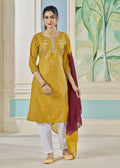 Jyoti Fashion Women's Mustard Pure Viscose Weaving Stripe with Embroidery Kurta Set